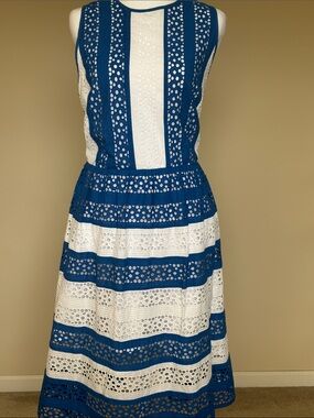 Ashro Blue and White Lace Stripe Midi Dress